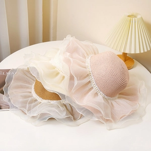 Chapeau De Soleil En Paille Femme Large Bord Volants En Mesh Organza Élégant Künstliche Perles Décor Anti-UV Vacances Plage Style Français