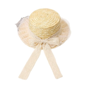 Flat top straw boater hat with beige lace ribbon and delicate mesh bow for summer sun protection