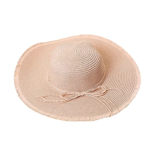 Women's wide brim straw sun hat with frayed edges and bow tie for beach holidays