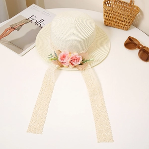 Flat top straw hat with pink fabric flowers, brown ribbon and long lace straps details