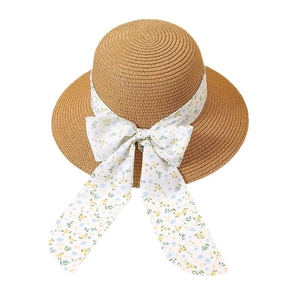 Summer woven straw hat with elegant floral chiffon ribbon and large bow for sun protection