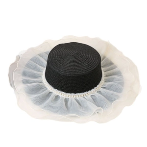 French vintage flat top straw hat with wide lace organza brim and pearl decorative band