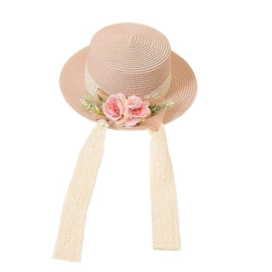Pink flat top straw hat with floral lace ribbons for summer sun protection