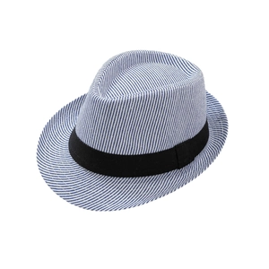 Classic blue and white striped summer fedora hat for men with black ribbon band