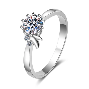 Elegant S925 sterling silver moissanite ring with six-prong setting and side leaf details