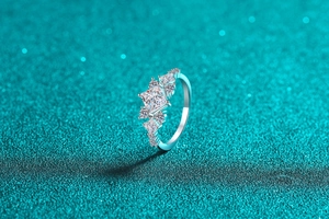 Macro view of square moissanite ring with tiered side stones on glittering background