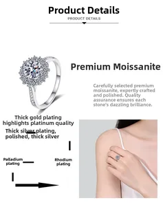 Macro detail of halo moissanite ring showing polished silver band and premium plating