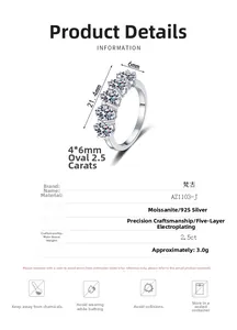 Detailed specifications of S925 sterling silver ring with 2.5ct oval moissanite stones