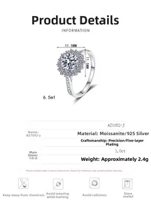 Detailed size chart of S925 silver sunflower ring with 1.0ct moissanite dimensions