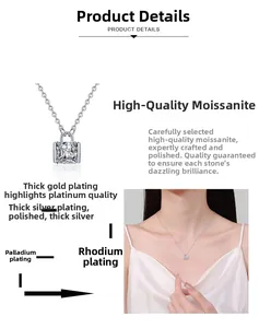 Vue détaillée du collier pendentif moissanite carrée avec placage en argent et aperçu mannequin