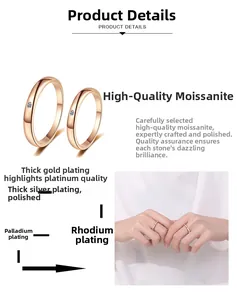 Detail of rose gold plated S925 silver couple rings with moissanite inlay and multi-layer plating