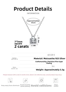 Tableau des tailles détaillé pour collier pendentif carré en moissanite 2ct argent 925
