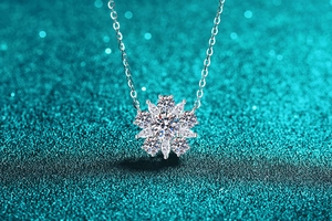 Detailed close-up of a sunflower moissanite pendant with sparkling silver finish