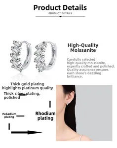 Detail showing multi-layer plating and baguette-cut moissanite stones on silver earrings