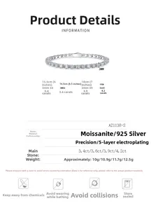 Detail view of 925 silver moissanite tennis bracelet with sizing and carat specifications