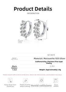 Detailed specs for 1.5ct emerald cut moissanite 925 silver hoop earrings with dimensions