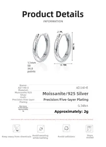 Detail view of S925 silver moissanite hoop earrings with dimensions and product specifications