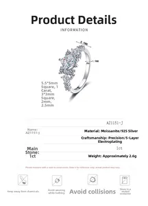 Detailed specs of the 925 silver 1ct princess cut moissanite ring with dimensions