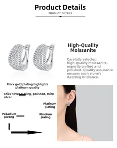 Detailed view of S925 silver moissanite hoop earrings with multi-layer plating and micro-pave