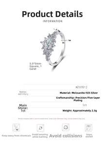 Detailed size chart and specifications for the 1ct square moissanite S925 silver ring