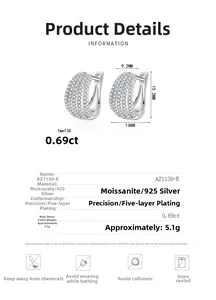 Detail view of 925 silver moissanite earrings with precise dimensions and material specs