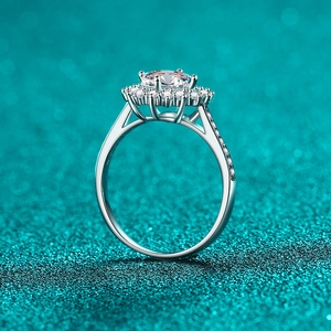 Luxury S925 sterling silver halo moissanite sunflower ring on blue glitter background