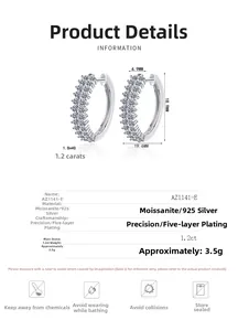 Détail des boucles d'oreilles créoles en argent 925 et moissanite avec dimensions et 1,2ct