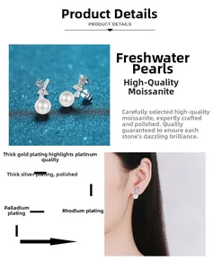 Detail showing freshwater pearl and moissanite earrings with multi-layer plating process