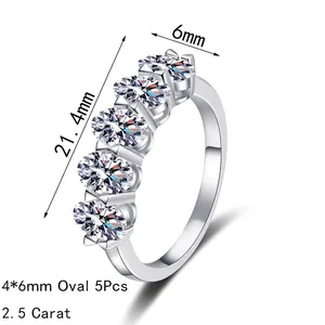 Elegant S925 silver ring featuring five 4*6mm oval moissanite stones totaling 2.5 carats