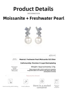 Detailed specifications of 925 silver bow earrings with 8-9mm pearls and moissanite stones