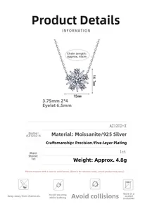 Detailed specs of S925 silver sunflower moissanite necklace showing 1ct pendant dimensions
