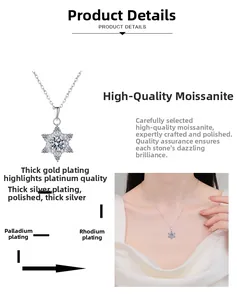 Detailed view of moissanite snowflake necklace with multi-layer plating and model try-on