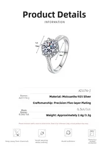 Détails des bagues en Moissanite argent 925 avec comparaison des tailles 0,5ct et 1ct