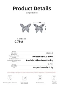 S925 sterling silver butterfly stud earring with moissanite size and parameter specifications
