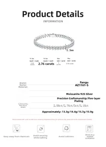 Detailed specs of the 925 silver moissanite bracelet showing 5.3mm width and sizes