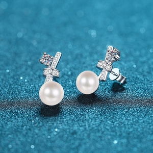 Elegant S925 sterling silver bow earrings with round white pearl and sparkling crystals
