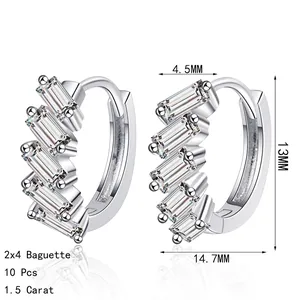 S925 sterling silver emerald-cut moissanite earrings with 1.5 carat rectangular stones