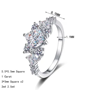 S925 sterling silver moissanite ring featuring a geometric square cut 1 carat gemstone