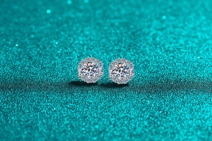 Detailed macro view of S925 silver moissanite stud earrings with halo and trapezoid gems