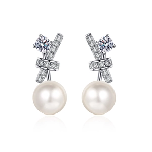 S925 silver pearl bow stud earrings with sparkling zircon accents and high luster finish