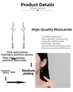 Detail showing S925 silver moissanite dangle earrings with multi-layer plating process