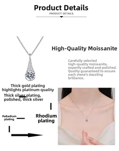 Detailed view of teardrop moissanite necklace with multi-layer rhodium plating process