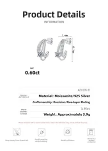 Detailed view of S925 silver moissanite earrings with 7.4mm by 17.7mm size measurements