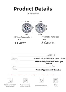 Detailed size chart for S925 silver moissanite stud earrings showing 1ct and 2ct dimensions