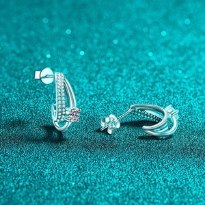 S925 sterling silver moissanite hoop earrings with double row diamonds and butterfly back