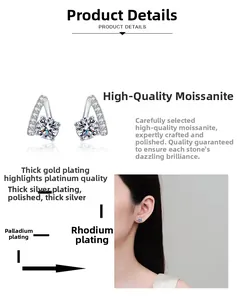 Detail of S925 silver V-shaped moissanite studs with multi-layer rhodium plating