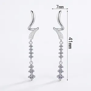 Elegant S925 sterling silver drop earrings with 0.63ct moissanite stones, 41mm length