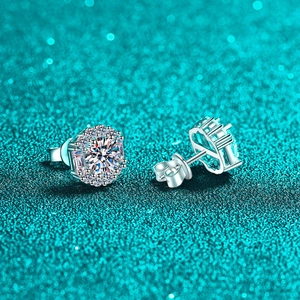 Elegant S925 sterling silver moissanite stud earrings with a geometric halo design