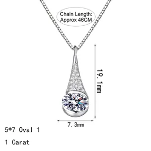 S925 sterling silver water drop pendant necklace with 1 carat oval moissanite