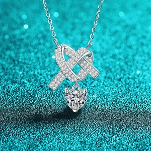 Collier en Argent Sterling 925 avec Moissanite Cœur Femme Luxe Léger Zirconia Pendentif Nœud X Bijoux